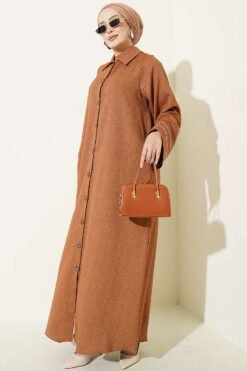 Button-Down Long Coat with Piped Sleeves Terracotta