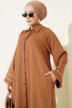 Alternative view of Button-Down Long Coat with Piped Sleeves Terracotta