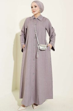Button-Down Long Coat with Piped Sleeves Lilac