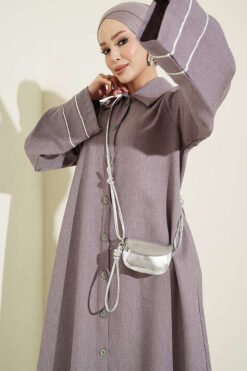 Alternative view of Button-Down Long Coat with Piped Sleeves Lilac