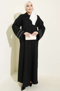 Button-Down Long Coat with Piped Sleeves Black