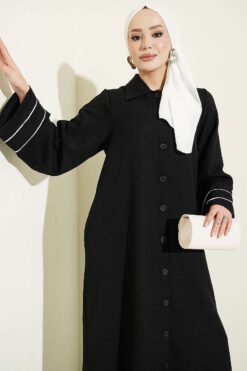 Alternative view of Button-Down Long Coat with Piped Sleeves Black