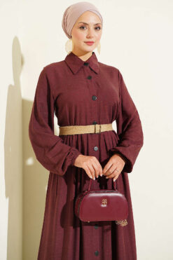 Alternative view of Button-Up Dress with Pleated Detail Burgundy