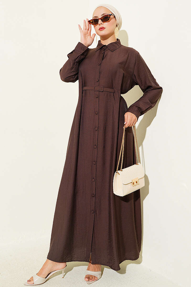 Buttoned Belted Dress with Trousers Dark Brown