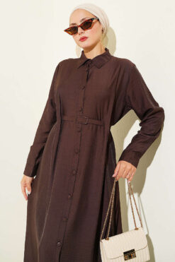 Alternative view of Buttoned Belted Dress with Trousers Dark Brown