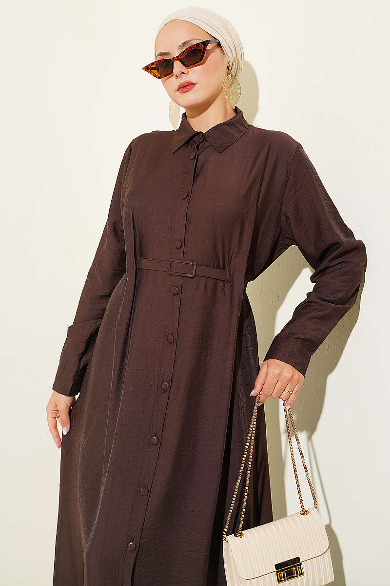 Buttoned Belted Dress with Trousers Dark Brown - Image 2