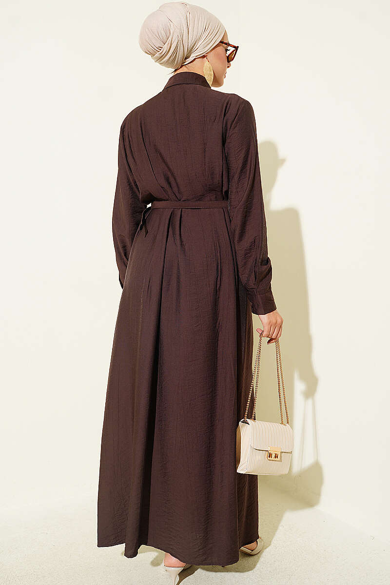 Buttoned Belted Dress with Trousers Dark Brown - Image 3
