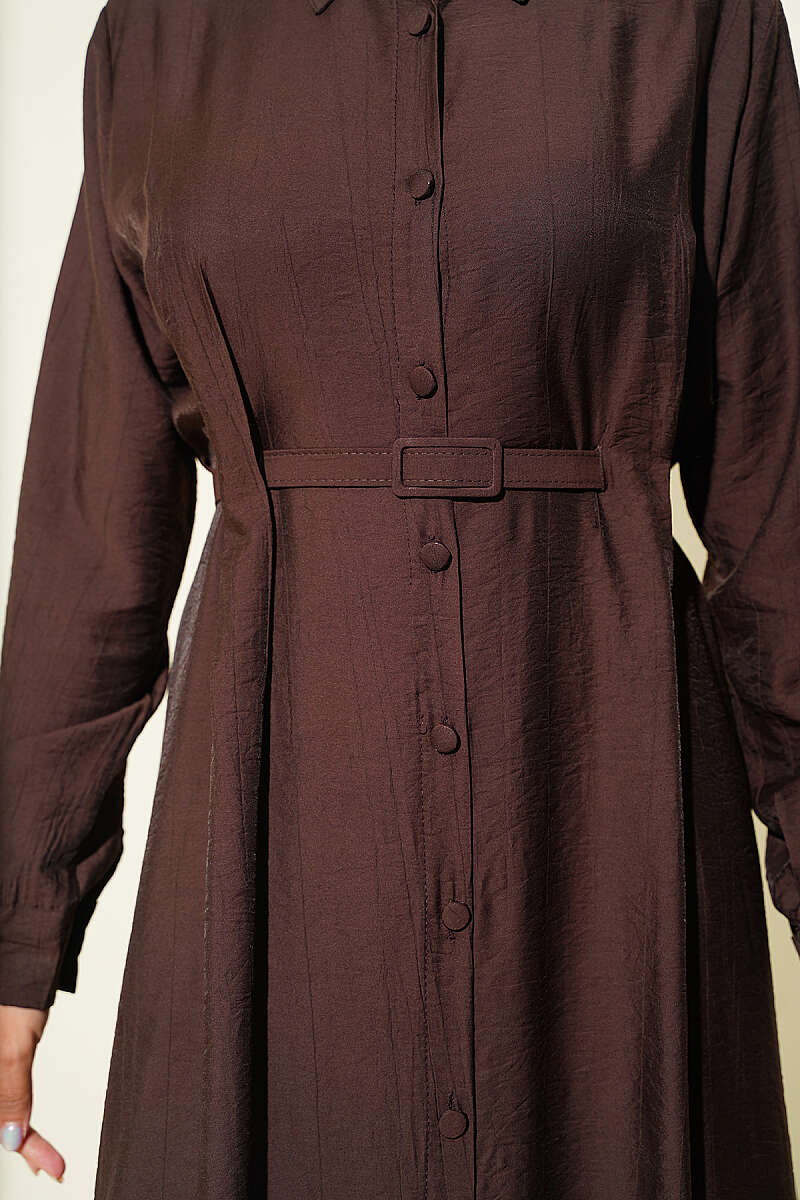 Buttoned Belted Dress with Trousers Dark Brown - Image 4