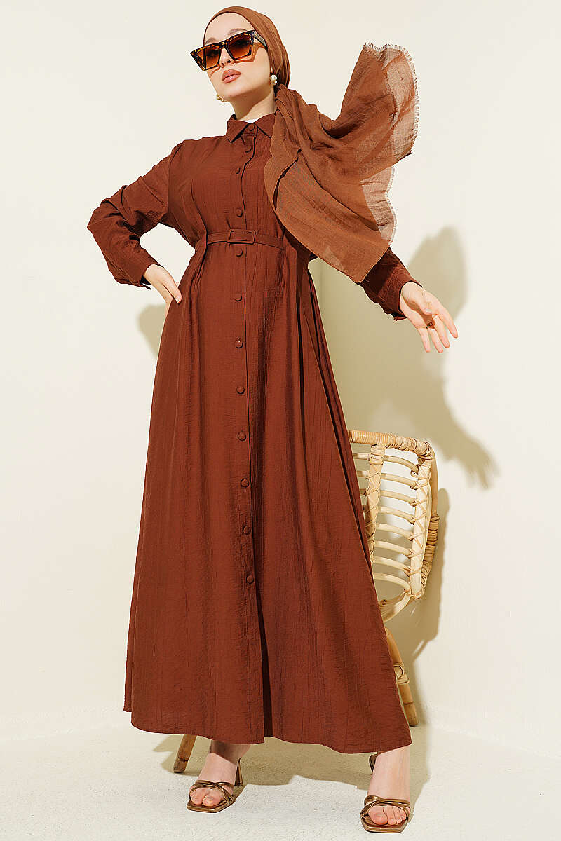 Buttoned Belted Dress with Trousers Dark Brown - Image 5