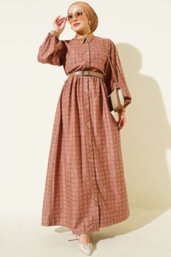 Button-Up Retro Patterned Dress Rose Dust