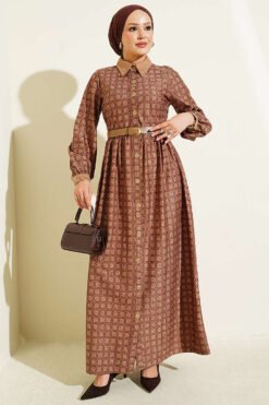 Button-Up Retro Patterned Dress Latte