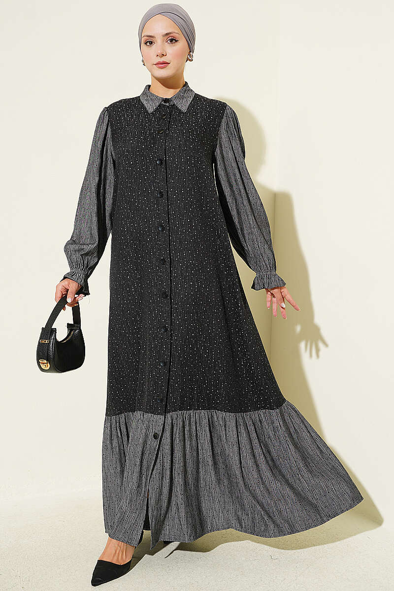Floral Pattern Relaxed Fit Ruffled Dress Black