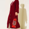 Buttoned Long Cardigan with Basket Weave Design Burgundy