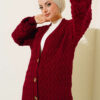 Buttoned Long Cardigan with Basket Weave Design Burgundy – Bild 2