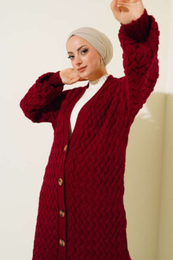 Alternative view of Buttoned Long Cardigan with Basket Weave Design Burgundy