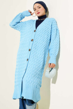 Alternative view of Buttoned Long Cardigan with Basket Weave Design Sky Blue