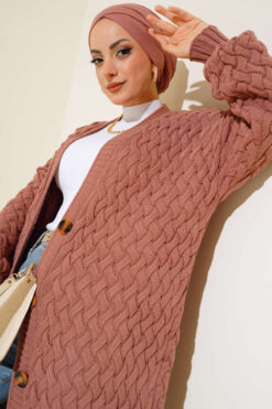 Alternative view of Buttoned Long Cardigan with Basket Weave Design Rose Dust
