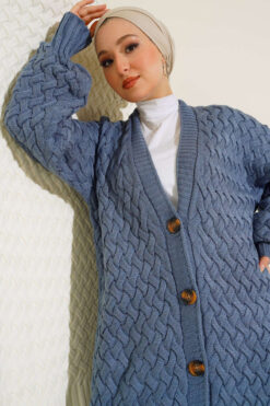 Alternative view of Buttoned Long Cardigan with Basket Weave Design Indigo