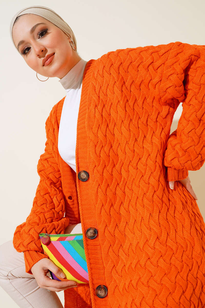 Buttoned Long Cardigan with Basket Weave Design Orange - Image 2