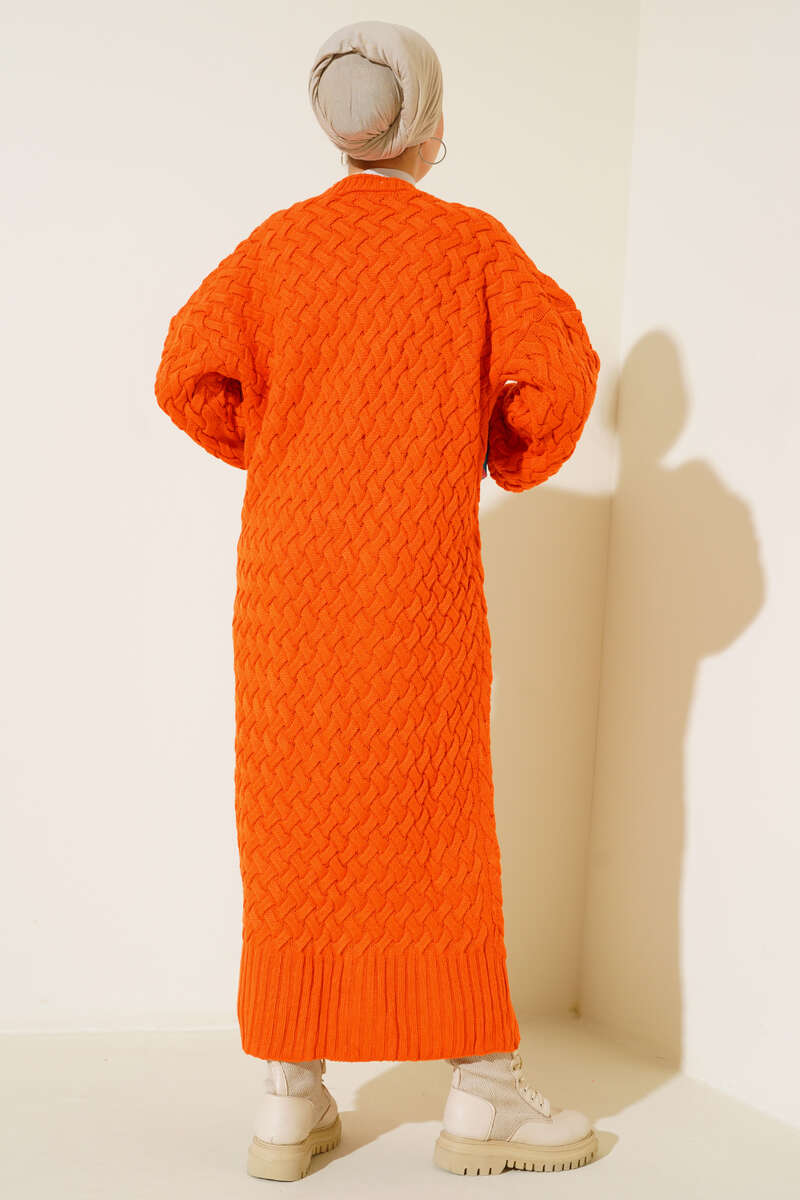 Buttoned Long Cardigan with Basket Weave Design Orange - Image 3