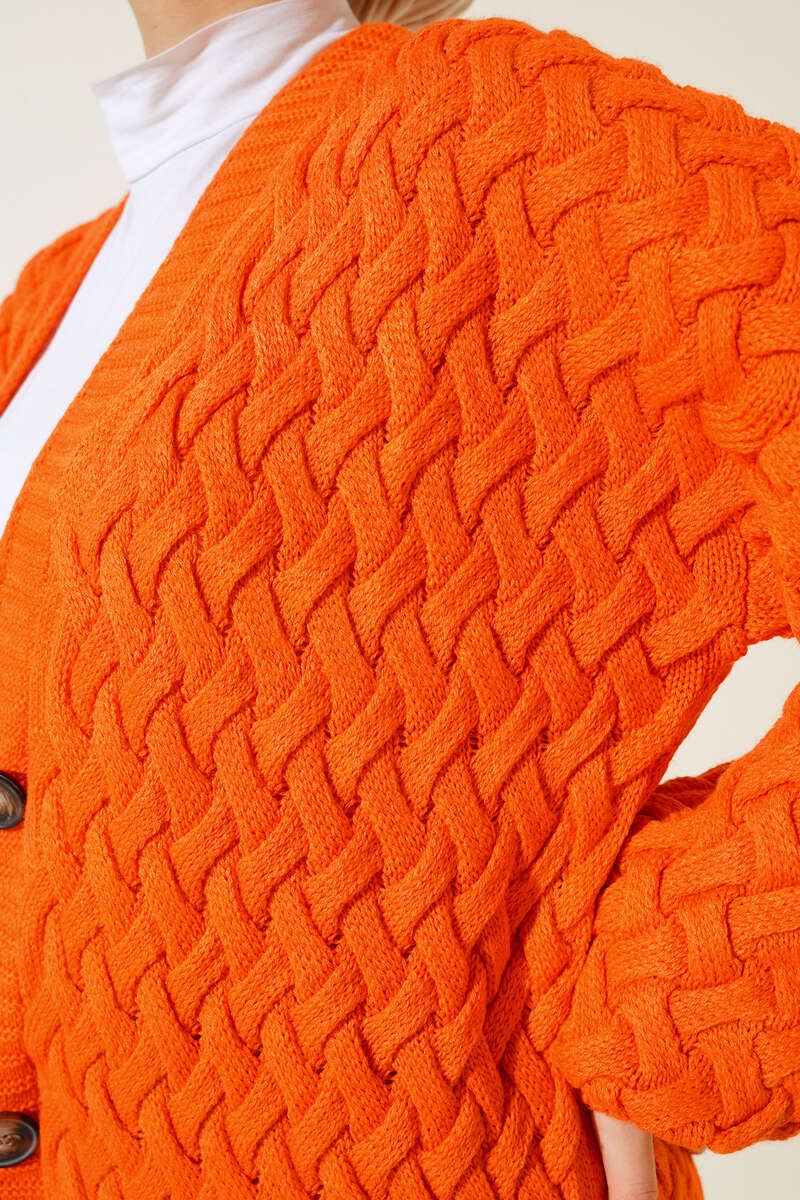 Buttoned Long Cardigan with Basket Weave Design Orange - Image 4
