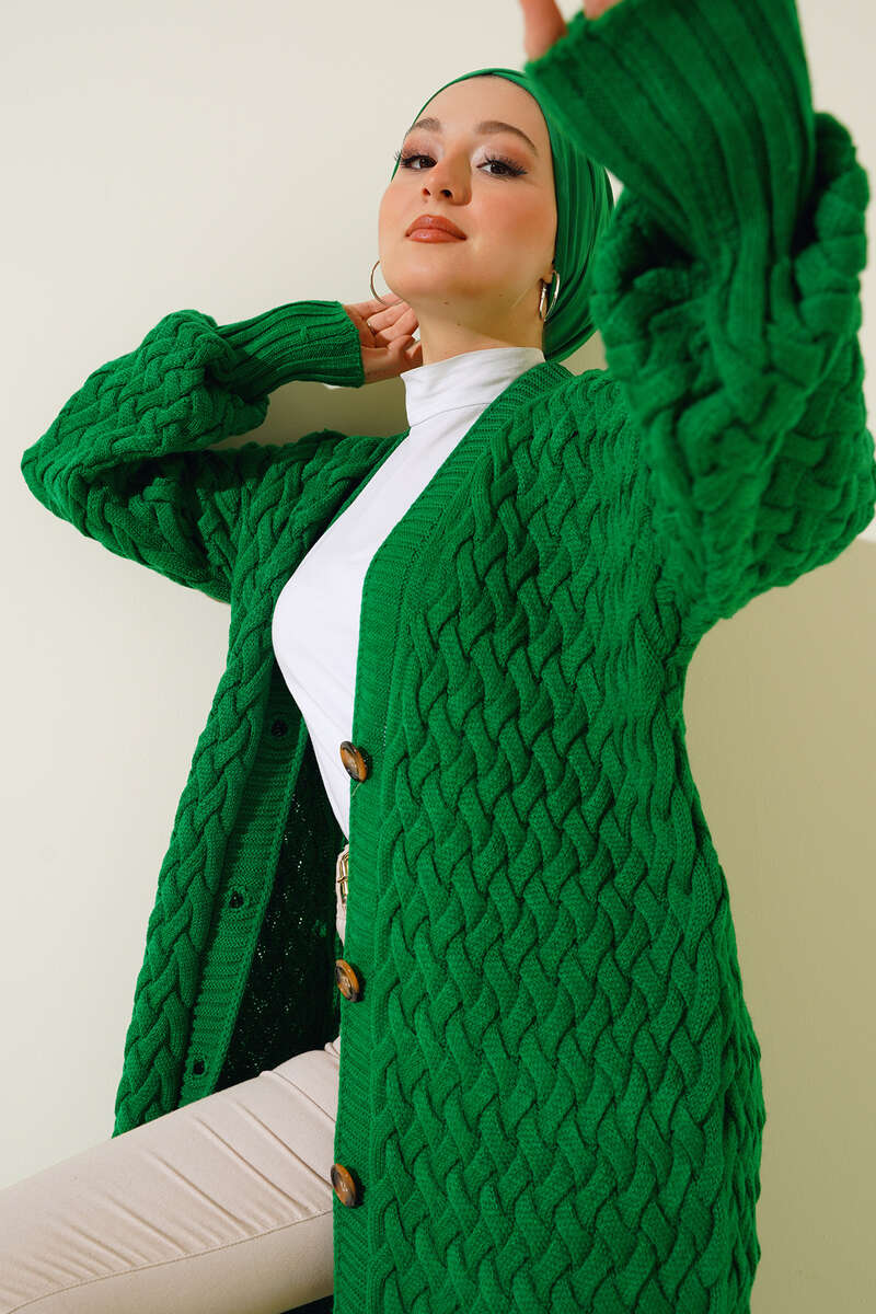 Buttoned Long Cardigan with Basket Weave Design Green