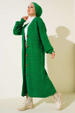 Alternative view of Buttoned Long Cardigan with Basket Weave Design Green