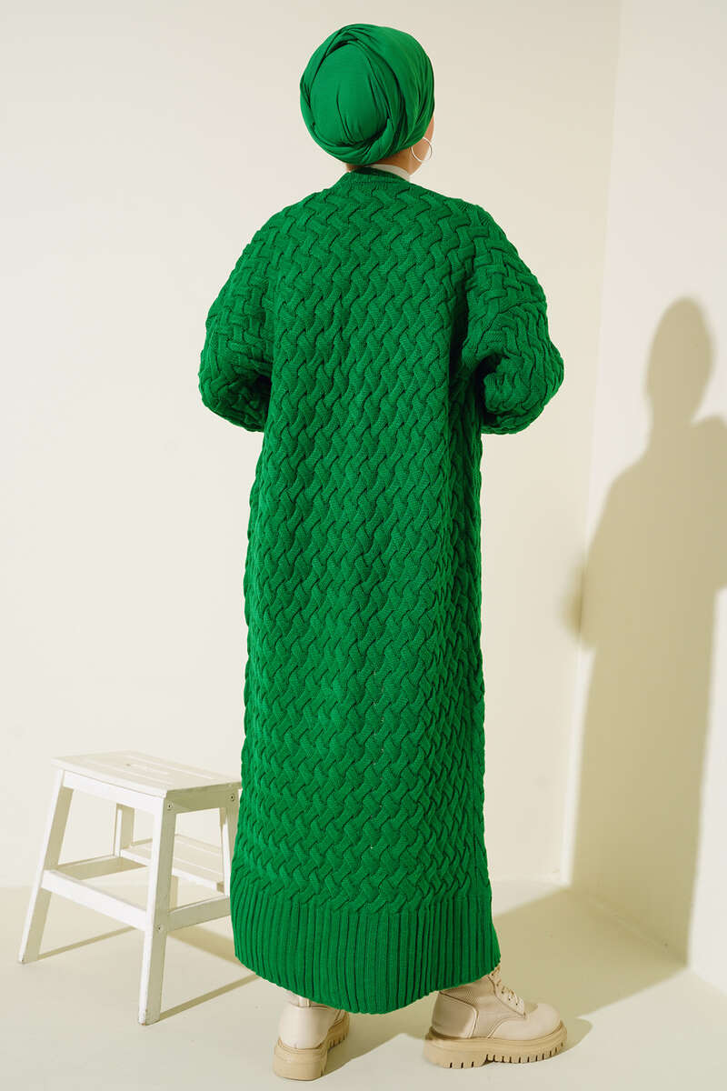 Buttoned Long Cardigan with Basket Weave Design Green - الصورة 3