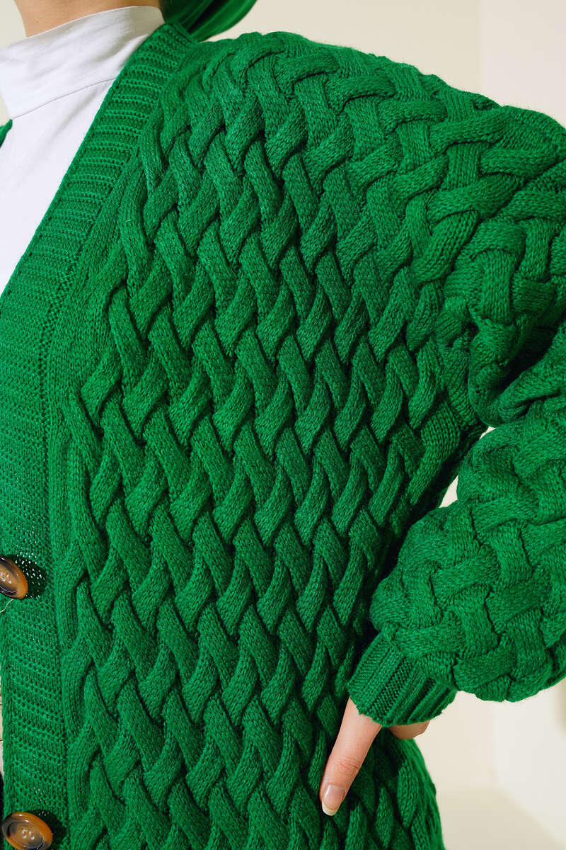 Buttoned Long Cardigan with Basket Weave Design Green - الصورة 4