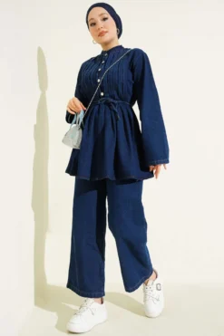 Brit Buttoned Denim Two-Piece Set Navy Blue