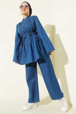 Brit Buttoned Denim Two-Piece Set Blue