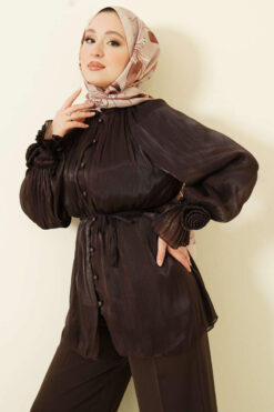 Button Detail Rose Embellished Evening Shirt Dark Brown