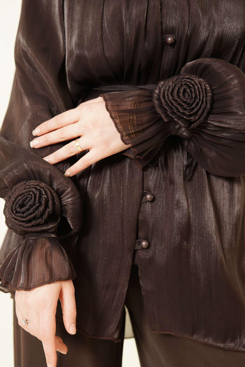 Button Detail Rose Embellished Evening Shirt Dark Brown – Image 4