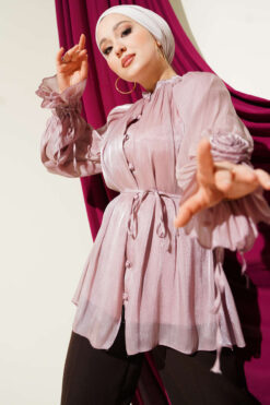 Button Detail Rose Embellished Evening Shirt Powder Pink