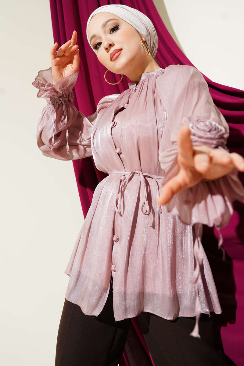Button Detail Rose Embellished Evening Shirt Powder Pink
