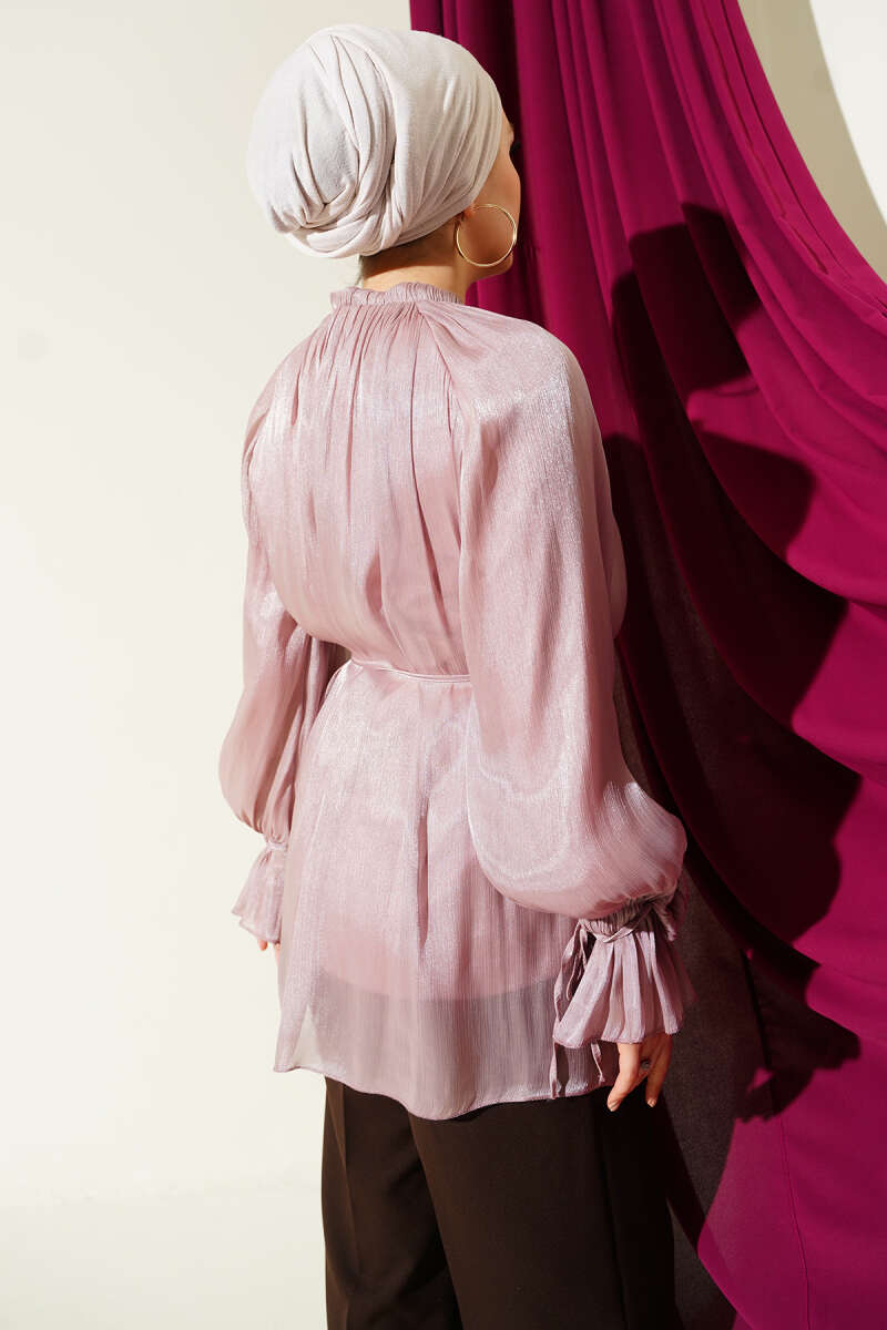 Button Detail Rose Embellished Evening Shirt Powder Pink - Imagen 3