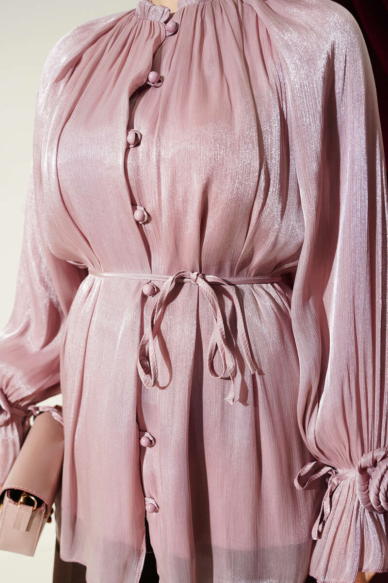 Button Detail Rose Embellished Evening Shirt Powder Pink - Imagen 4