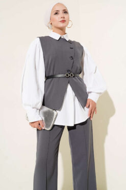 Alternative view of Cross Button Belted Vest Set Anthracite
