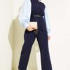 Cross Button Belted Vest Set Navy Blue