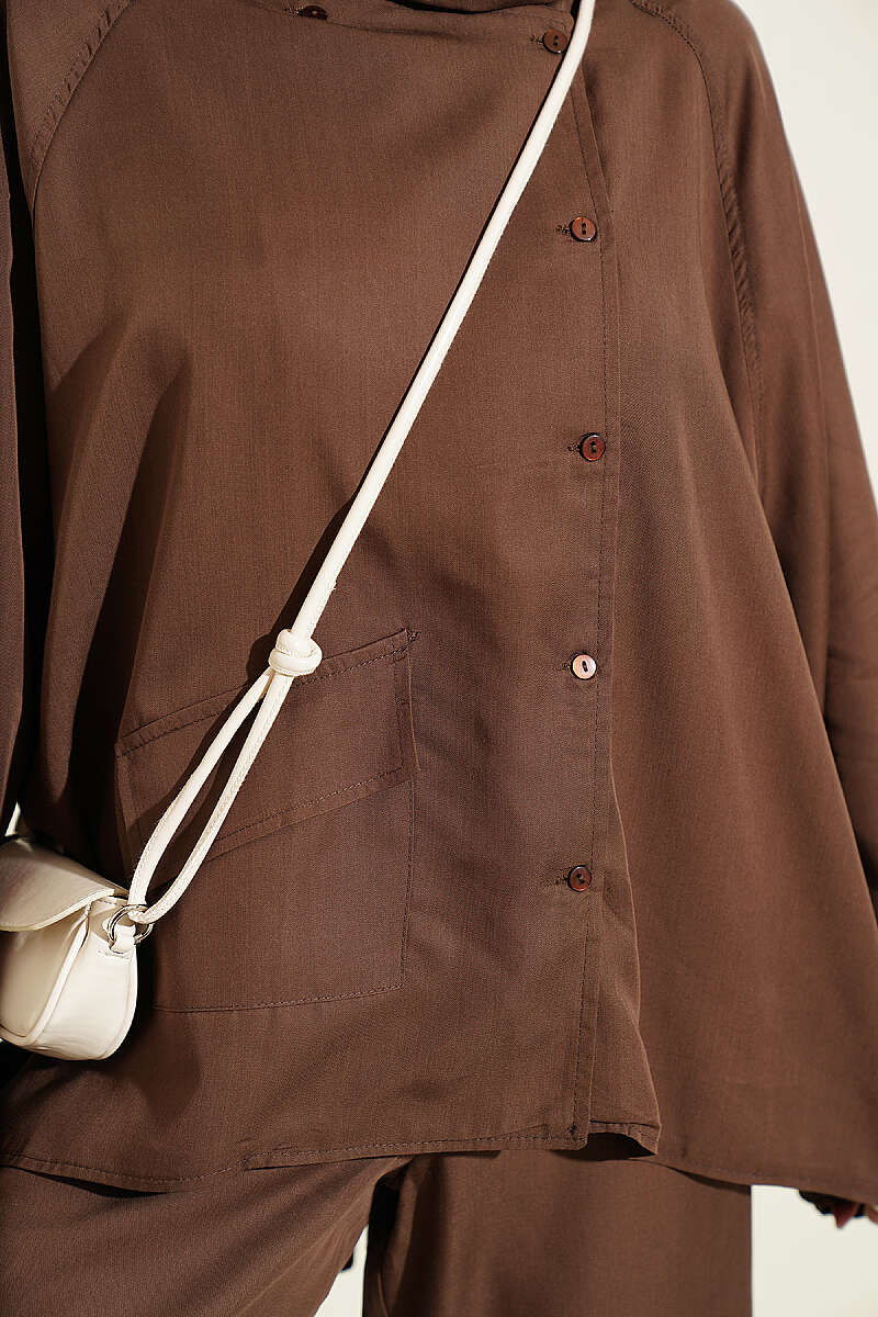 Cross-Front Buttoned Two-Piece Set Brown – Image 4