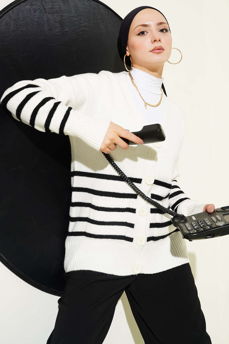 Pocketed Striped Detail Knit Cardigan Ecru