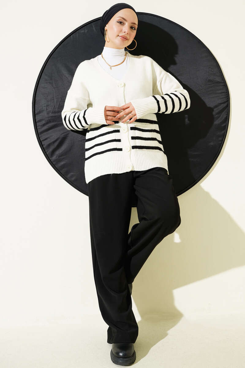 Pocketed Striped Detail Knit Cardigan Ecru - Imagen 2
