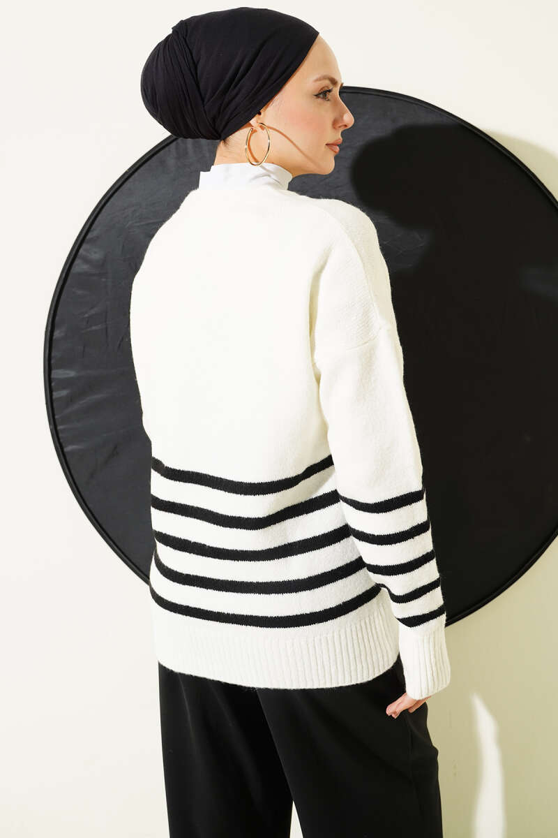 Pocketed Striped Detail Knit Cardigan Ecru - Imagen 3