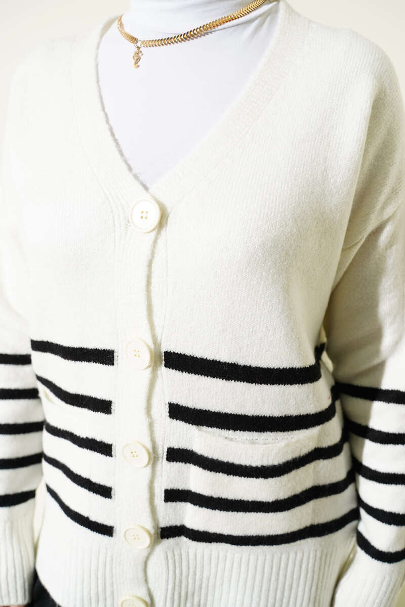 Pocketed Striped Detail Knit Cardigan Ecru - Imagen 4