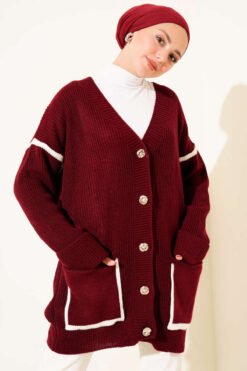 Pocketed Gold Button Knit Cardigan Burgundy