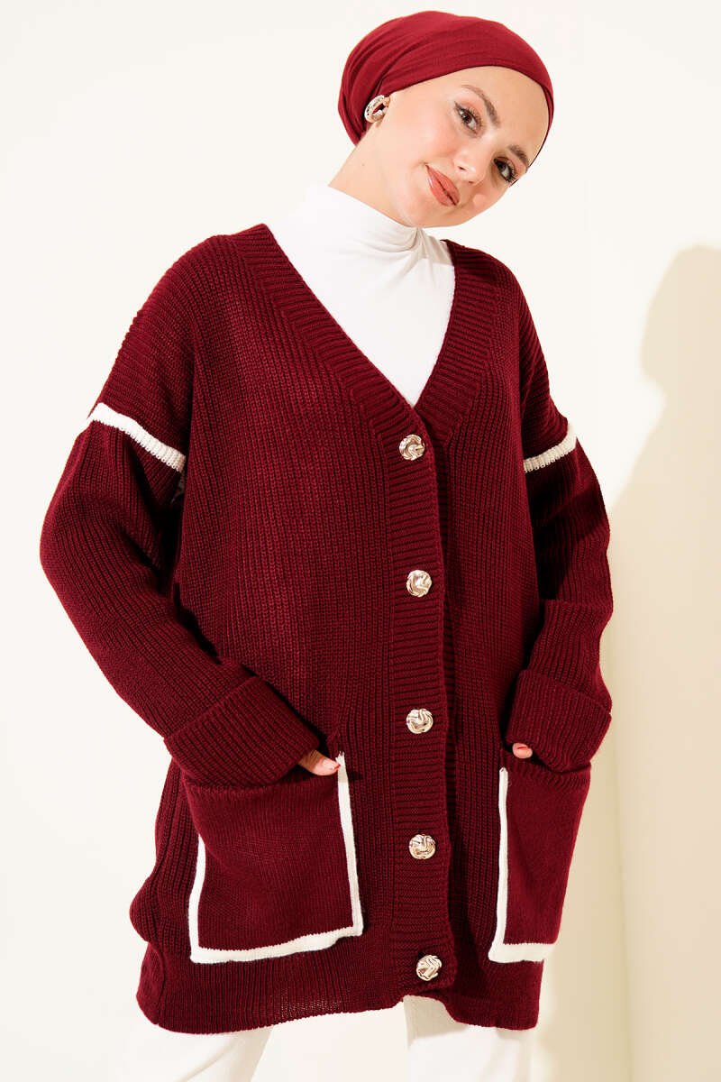 Pocketed Gold Button Knit Cardigan Burgundy