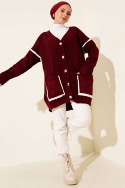 Alternative view of Pocketed Gold Button Knit Cardigan Burgundy