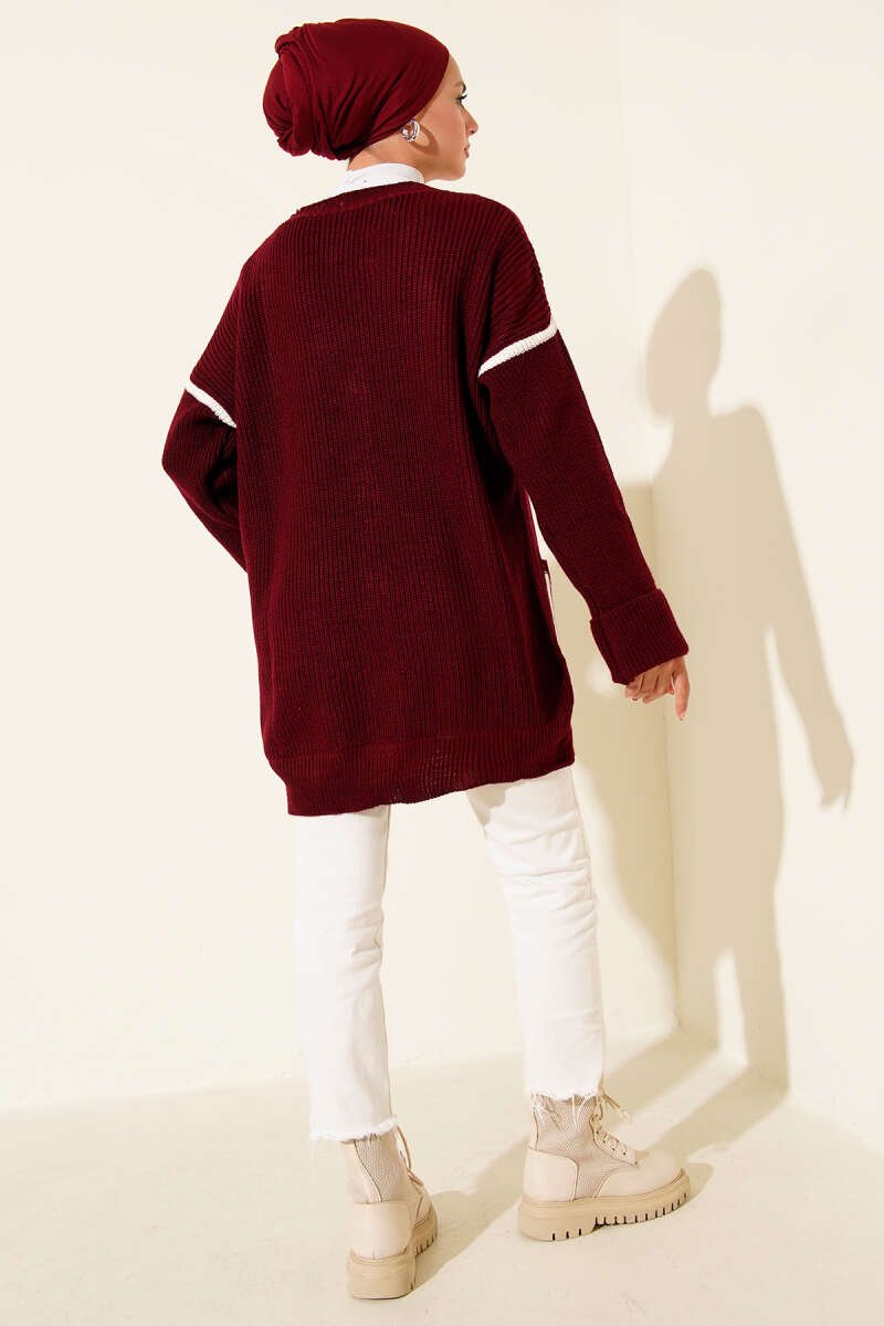 Pocketed Gold Button Knit Cardigan Burgundy – Image 3
