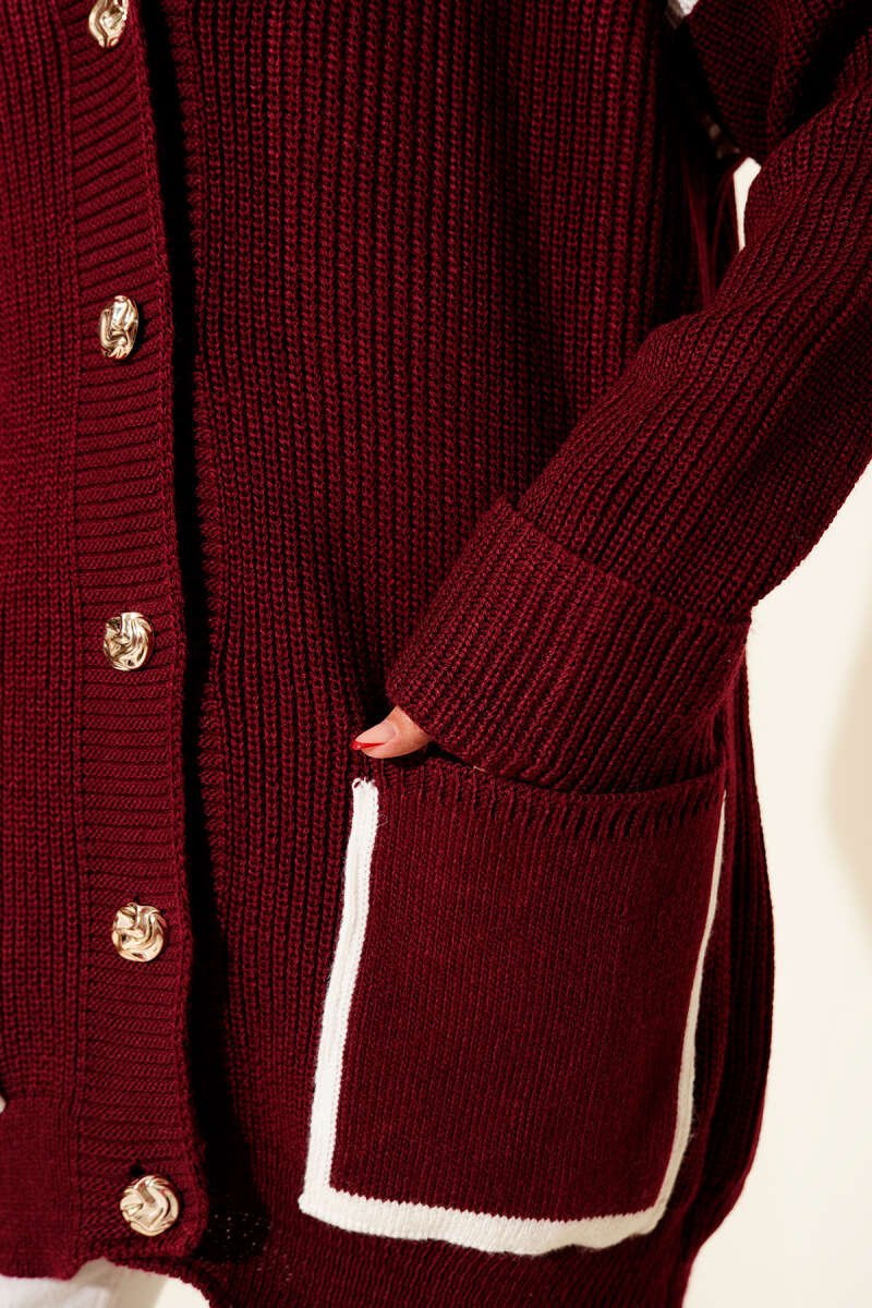 Pocketed Gold Button Knit Cardigan Burgundy – Image 4