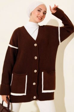 Pocketed Gold Button Knit Cardigan Brown